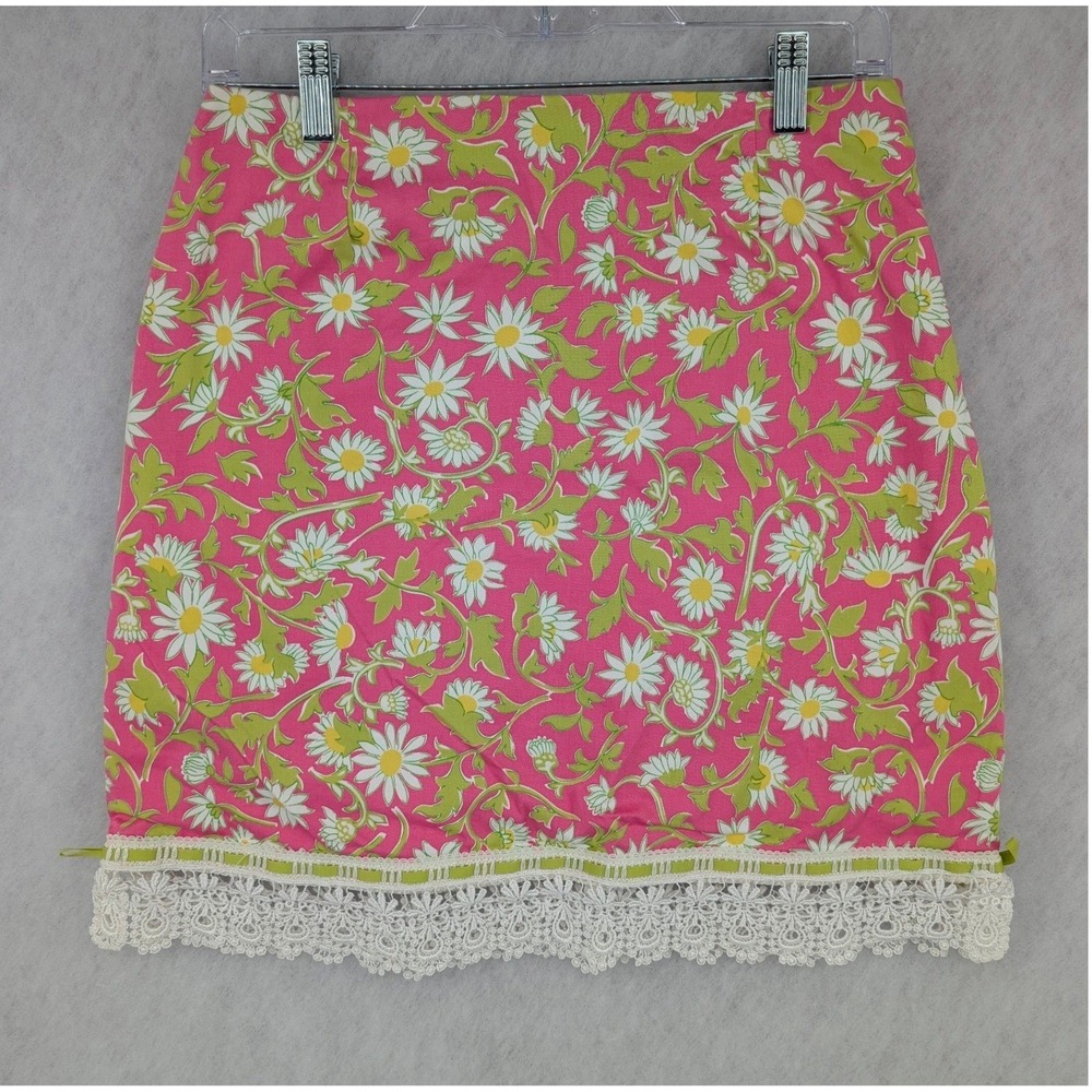 Key West Womens Pink Daisy Floral Mini Skirt Lace Trim Lined 6 Cotton Stretch